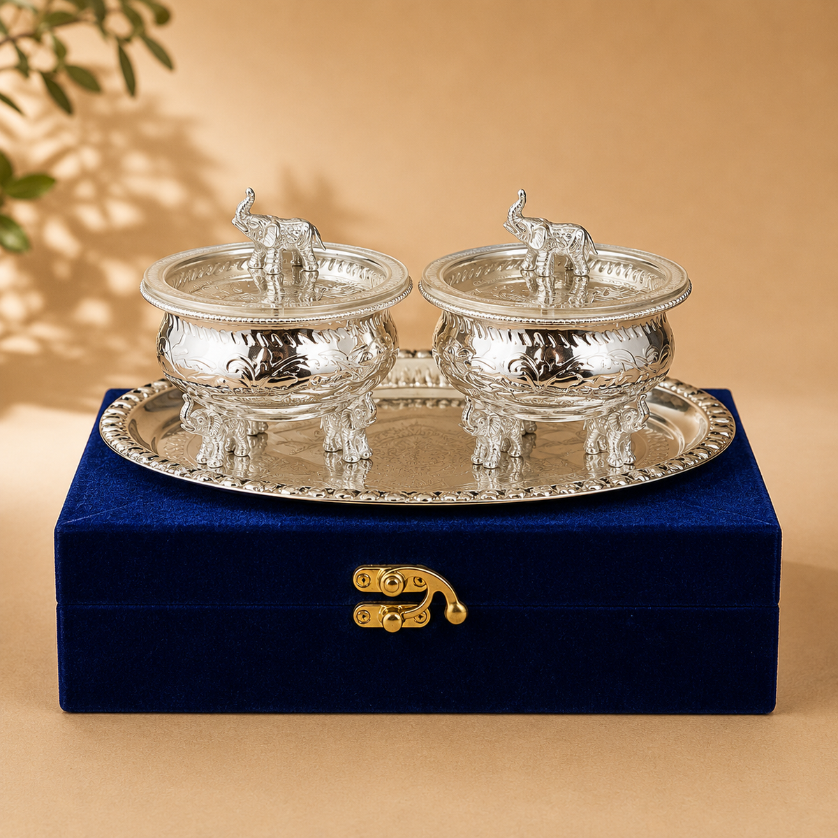 Double Elephant Urli Bowl with Lid & Oval Tray (Premium Gift Box Packed)