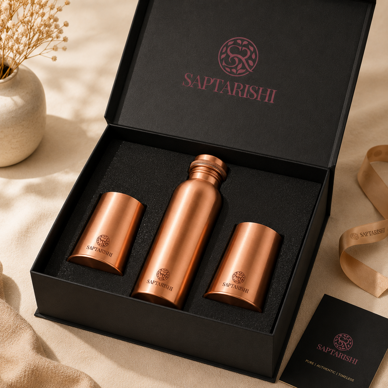 Pure Copper Water Bottle Set | 1L Bottle with 2 Tumblers | Leak Proof, Joint-Free | Matte Finish by Saptarishi