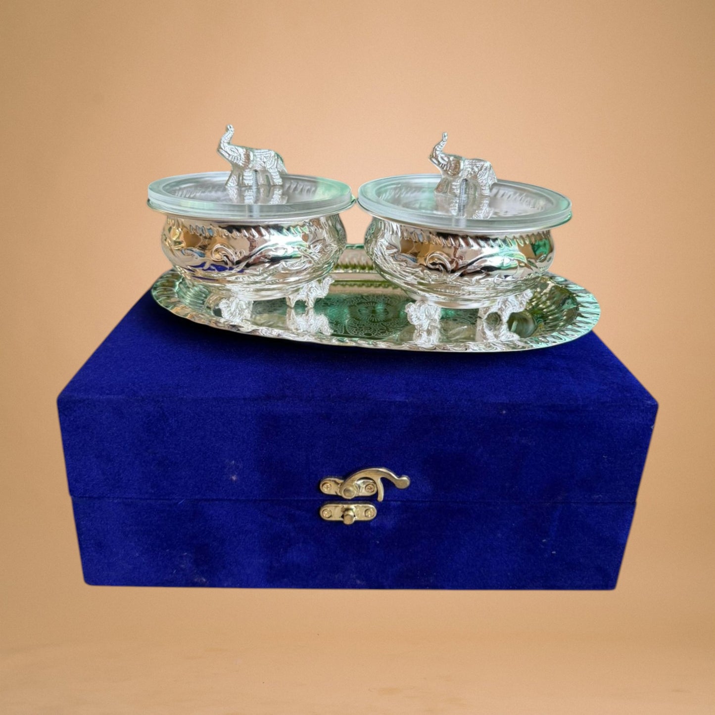Double Elephant Urli Bowl with Lid & Oval Tray (Premium Gift Box Packed)