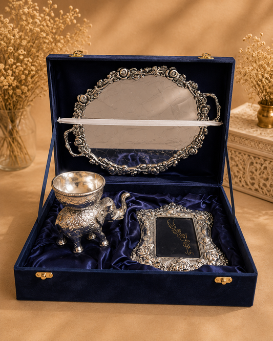 Beautiful Elephant Bowl, Oval Tray & Rose Frame Set (Velvet Box Packed)