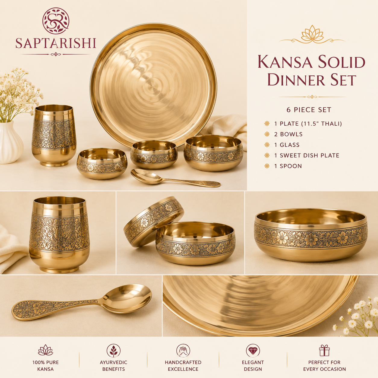 6-Piece Kansa Thali Set | Pure Bronze | Mirror Finish by Saptarishi