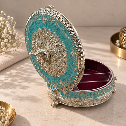 Blue Peacock Enamel Dry Fruit Box (8 in) by Saptarishi India