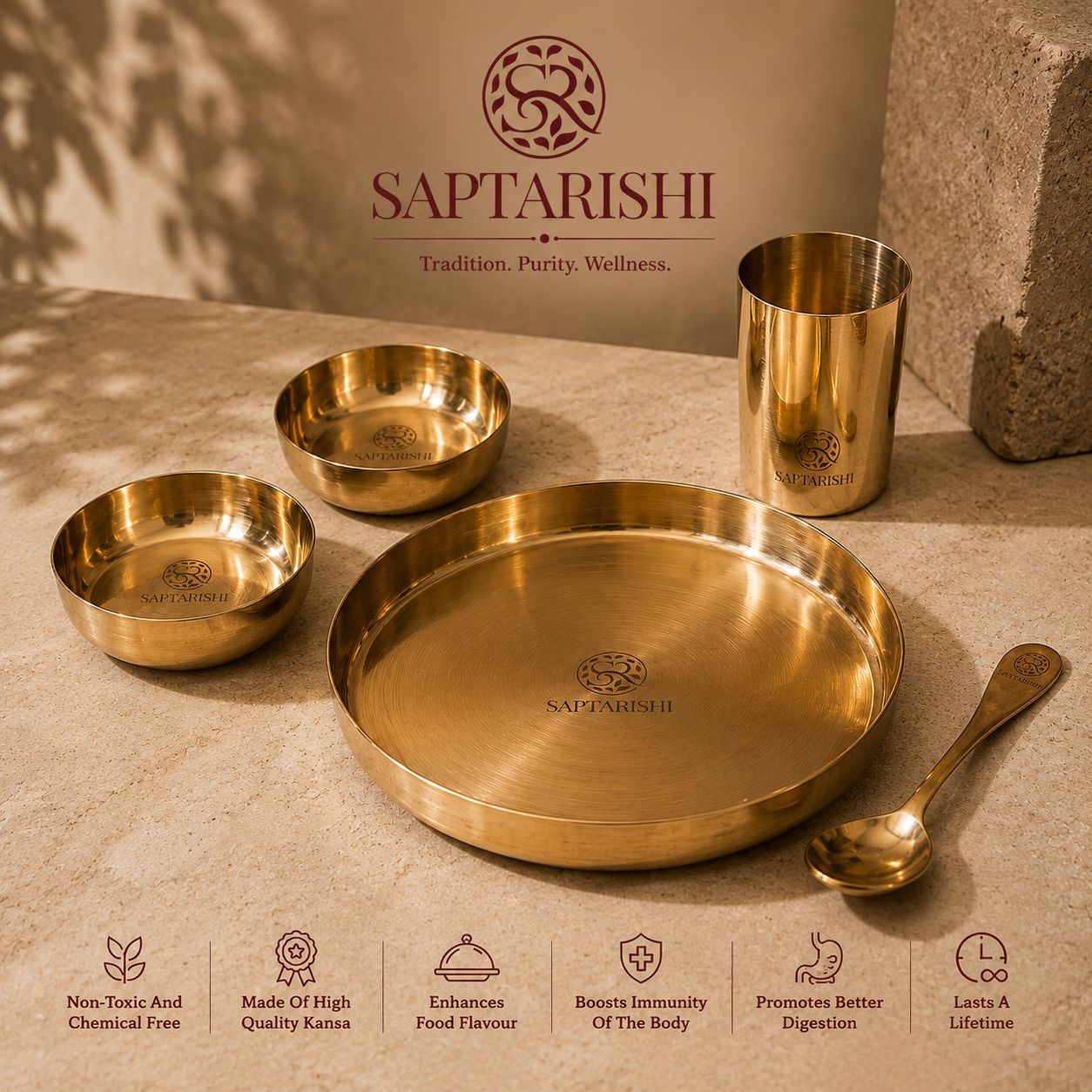 Pure Kansa Dinner Thali Set (10.5") – 5-Piece Bronze Dining Set | Handcrafted Heavy Gauge | Premium Kansa Plate with 2 Bowls, Glass & Spoon by Saptarishi