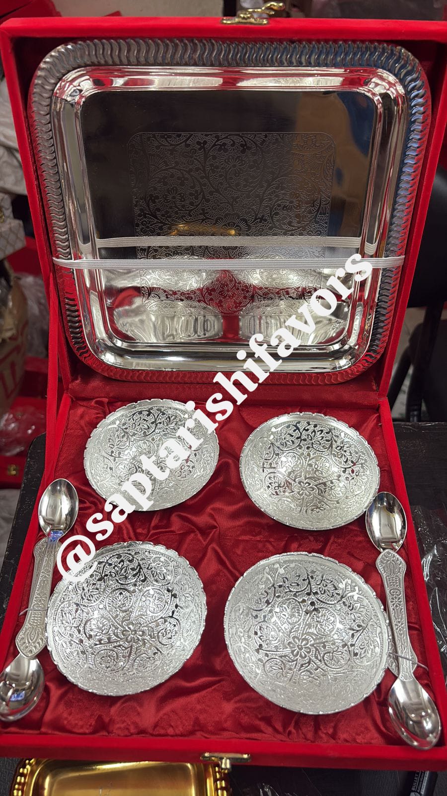 Silver Embellished 4 Bowl Set with 4 Spoons and Serving Tray, Dry Fruit Sweet Serving Set, Red Velvet Gift Box Packing