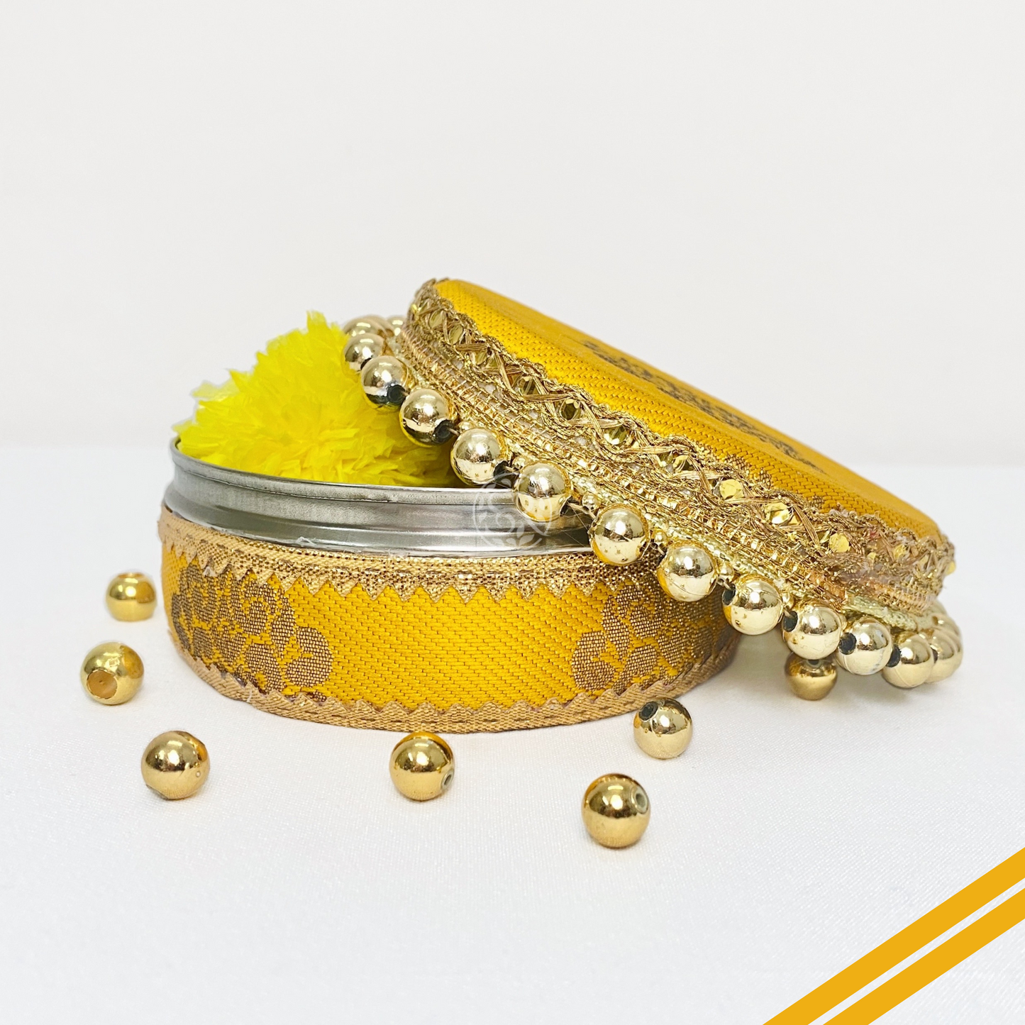 Yellow Brocade Steel Box by Saptrishi