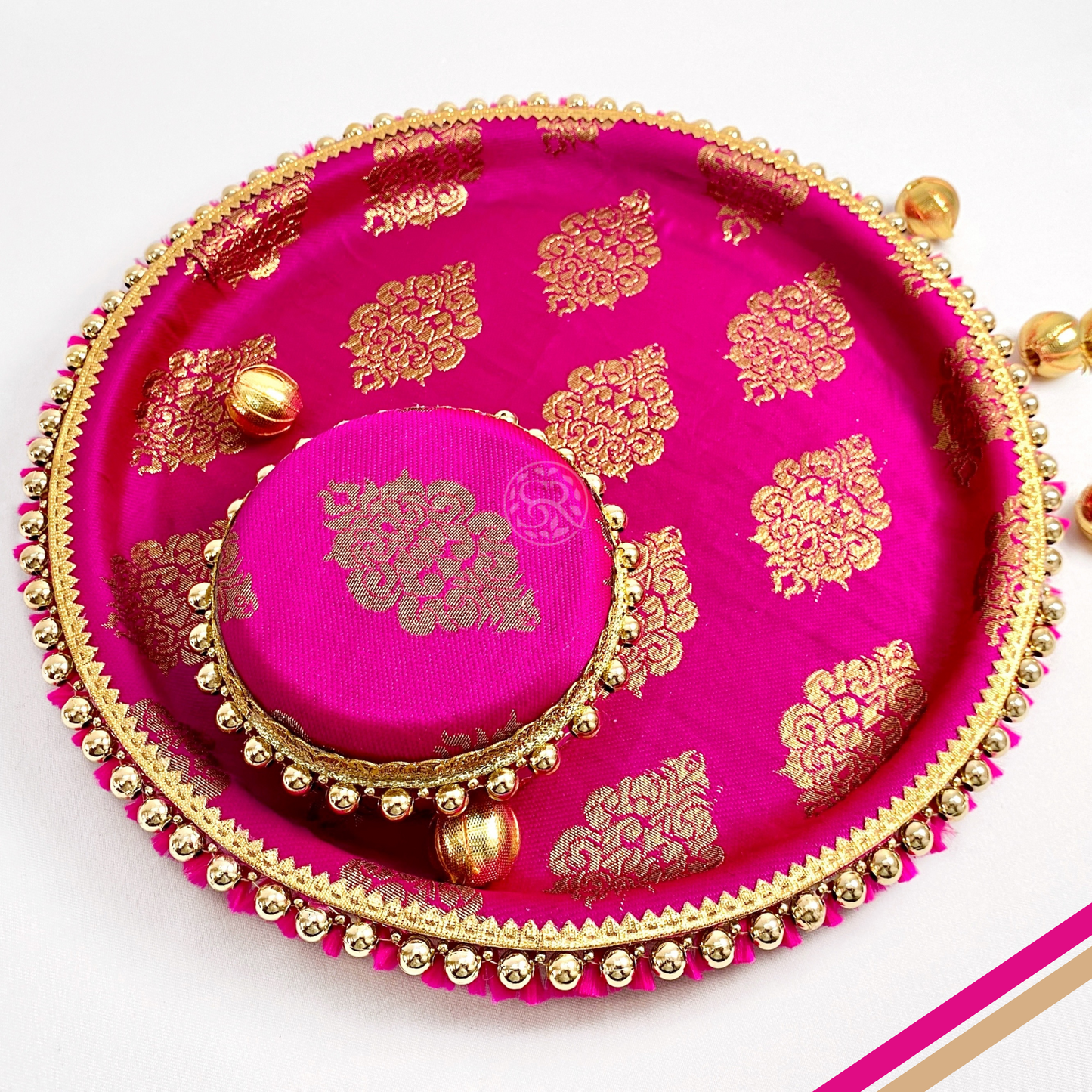 Rani Pink Brocade Pooja Thali with One Steel Box 200g by Saptrishi (1pc)