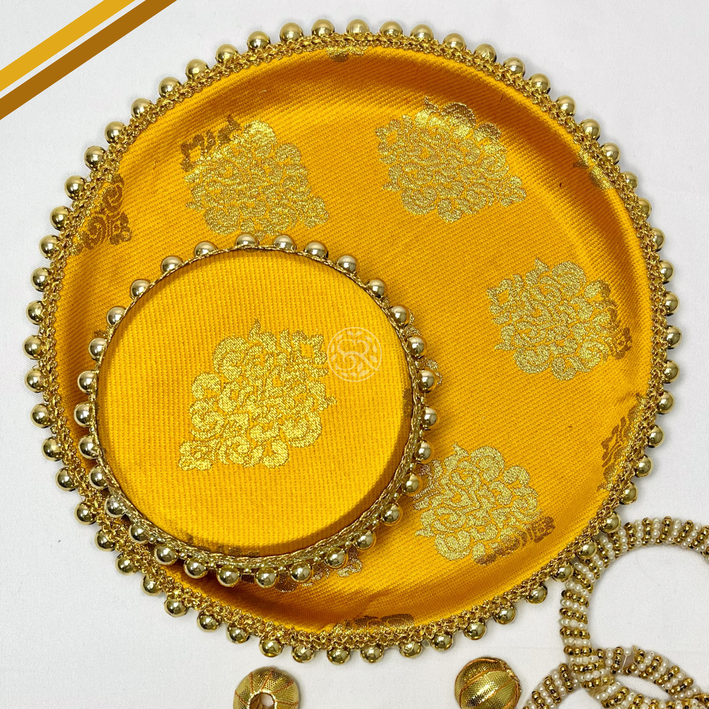 Haldi Yellow Brocade Pooja Thali with One Steel Box 200g by Saptrishi (1pc)
