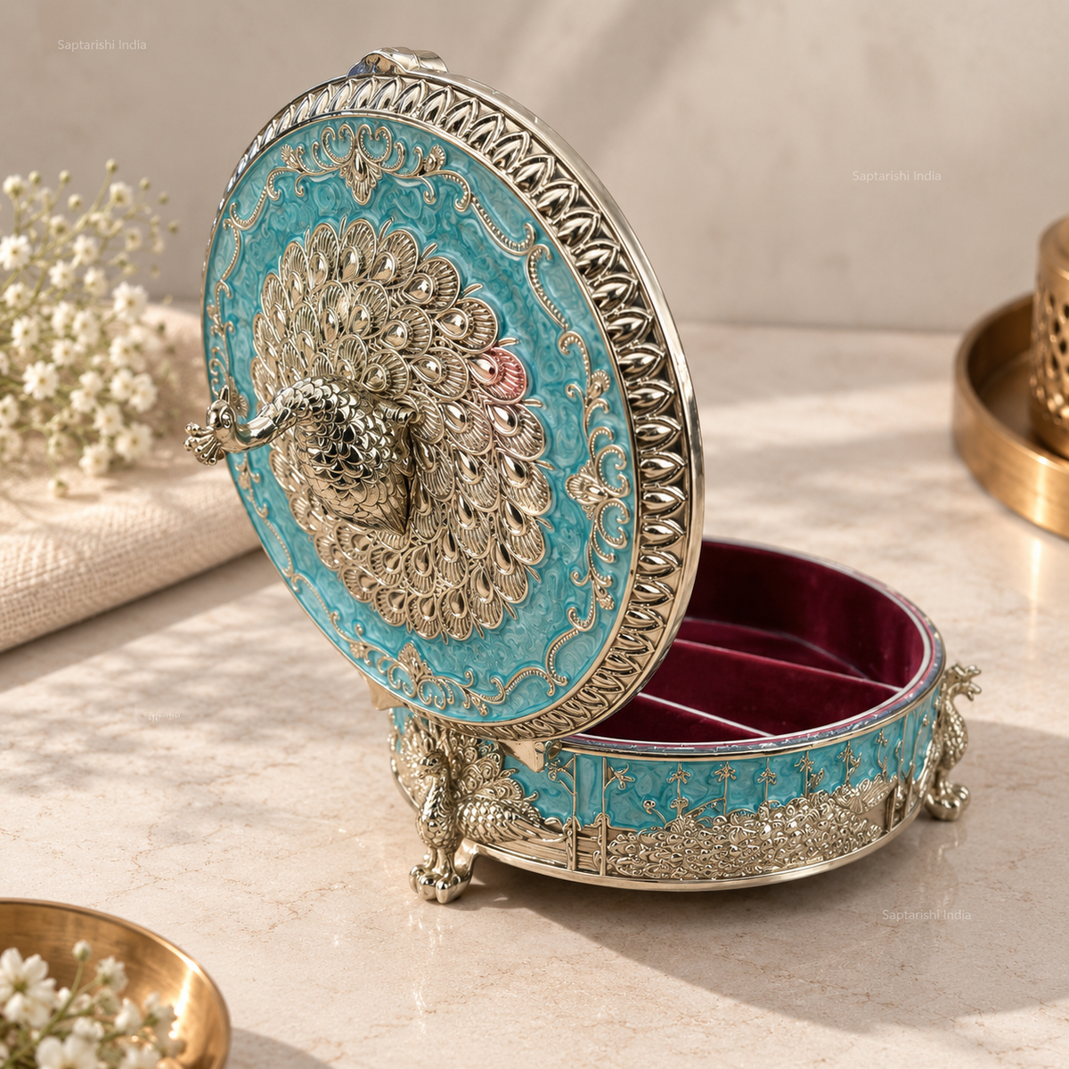 Peacock Enamel Dry Fruit Box (6 in) by Saptarishi India