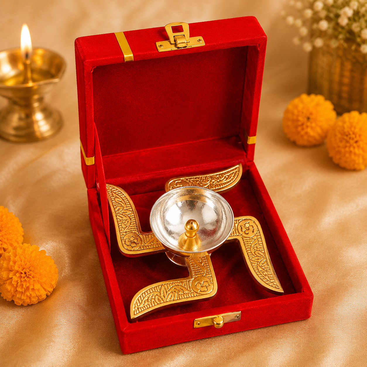 Swastik Diya (Gold Finish) – Minimal Luxury Multi-Purpose Diya & Tea-Light Holder