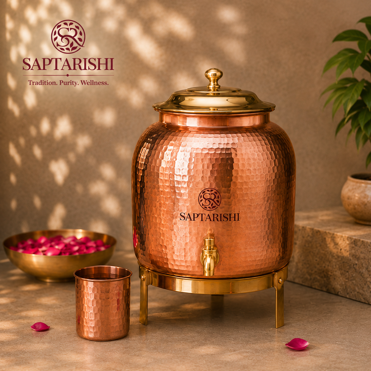 Pure Copper Water Dispenser with Brass Lid & Stand | Handcrafted | 3L, 5L & 10L | Saptarishi