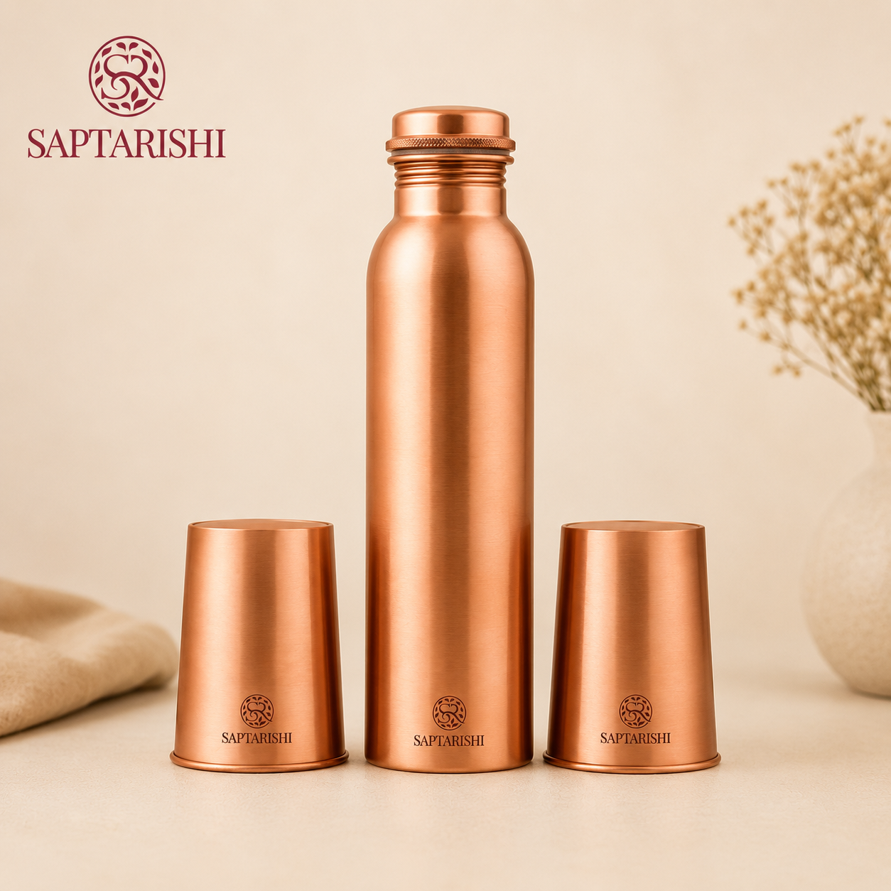 Pure Copper Water Bottle Set | 1L Bottle with 2 Tumblers | Leak Proof, Joint-Free | Matte Finish by Saptarishi