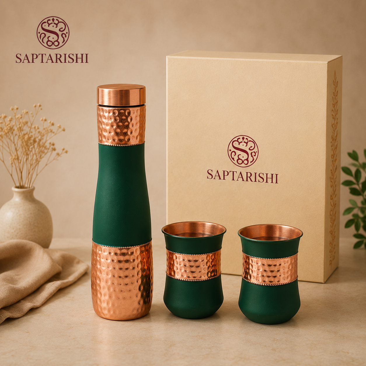 Premium Copper Bottle Gift Set | 1L Bottle with 2 Glasses | Handcrafted | Green Finish by Saptarishi