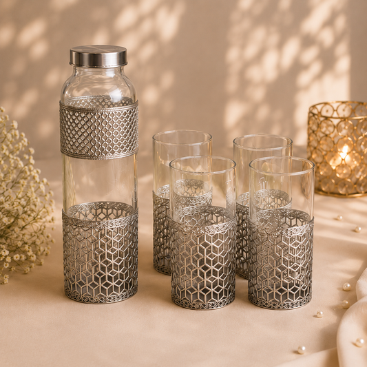 German Silver Finish Bottle & Glass Set (5 Pieces)