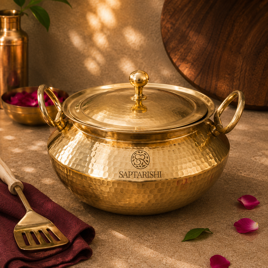 Handcrafted Brass Patili (Degchi) with Lid | Naturally Non-Stick & Tin Coated | Saptarishi