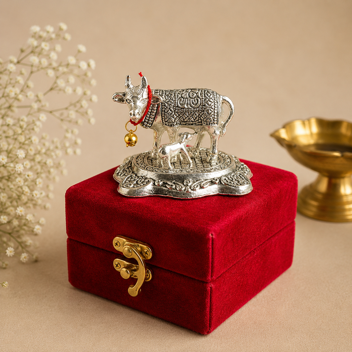 Kamdhenu Cow & Calf Idol (Velvet Box Packed) by Saptarishi