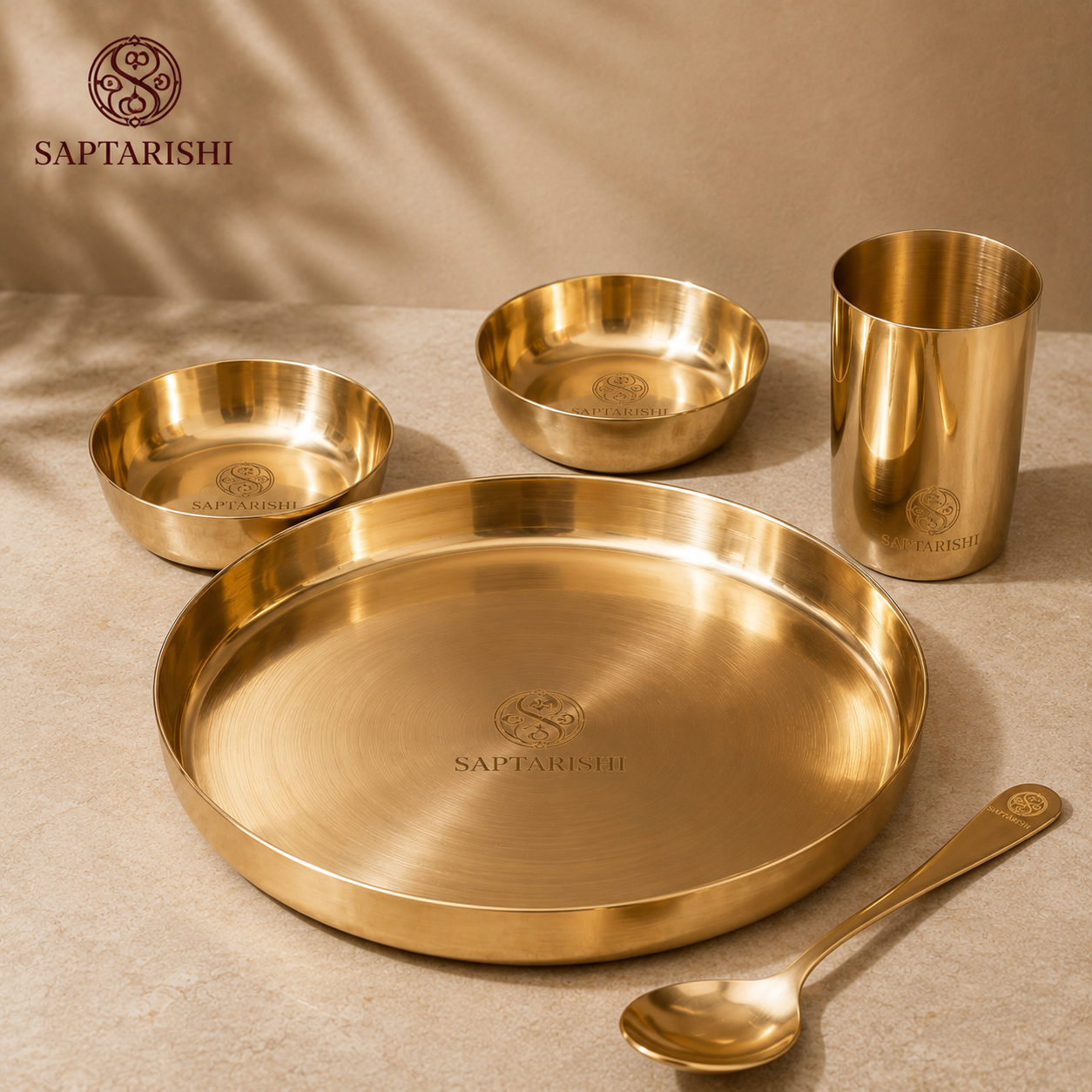 Pure Kansa Dinner Thali Set (10.5") – 5-Piece Bronze Dining Set | Handcrafted Heavy Gauge | Premium Kansa Plate with 2 Bowls, Glass & Spoon by Saptarishi