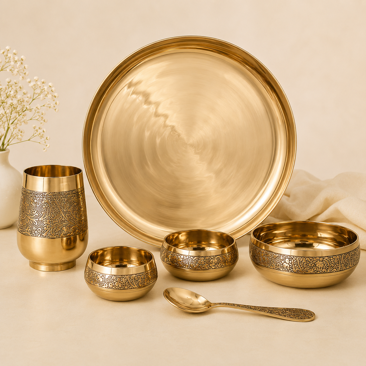 6-Piece Kansa Thali Set | Pure Bronze | Mirror Finish by Saptarishi