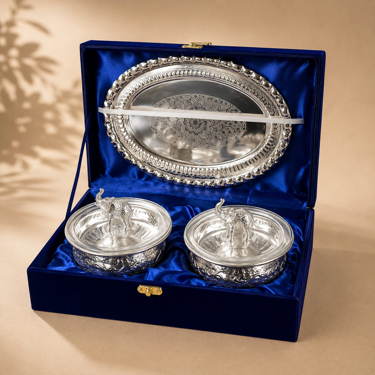 Double Elephant Urli Bowl with Lid & Oval Tray (Premium Gift Box Packed)