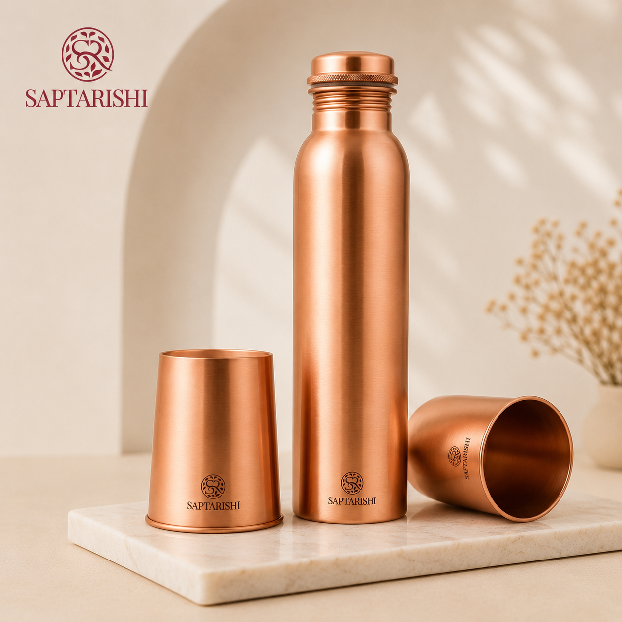 Pure Copper Water Bottle Set | 1L Bottle with 2 Tumblers | Leak Proof, Joint-Free | Matte Finish by Saptarishi