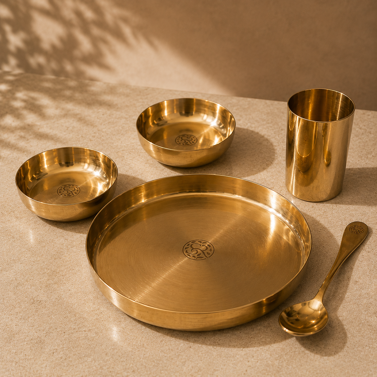 Pure Kansa Dinner Thali Set (10.5") – 5-Piece Bronze Dining Set | Handcrafted Heavy Gauge | Premium Kansa Plate with 2 Bowls, Glass & Spoon by Saptarishi