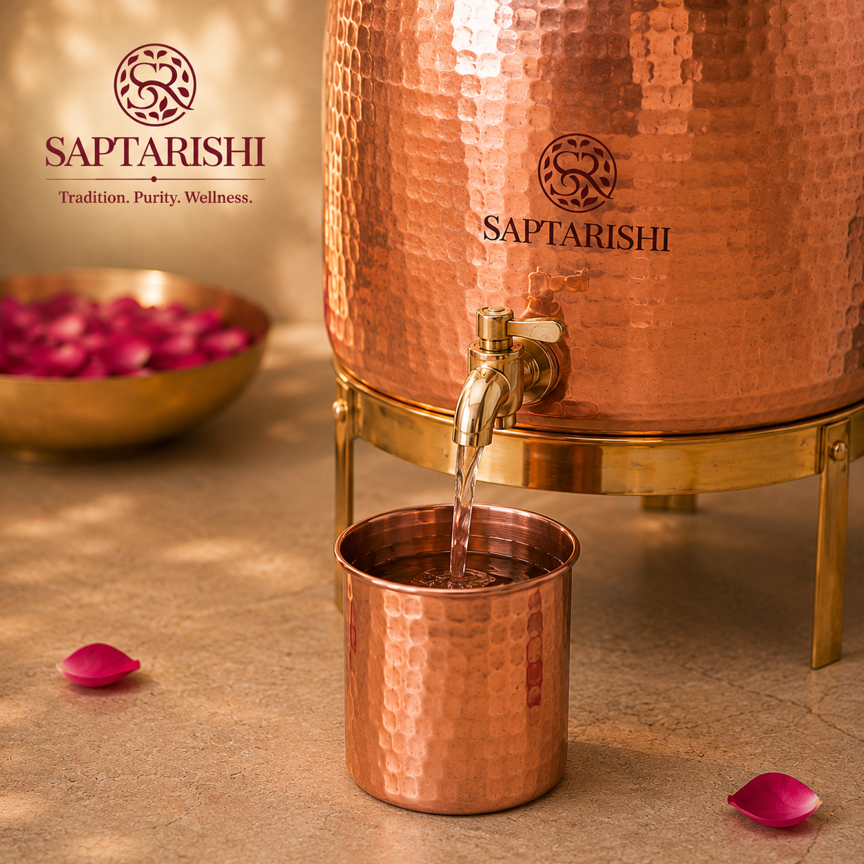 Pure Copper Water Dispenser with Brass Lid & Stand | Handcrafted | 3L, 5L & 10L | Saptarishi