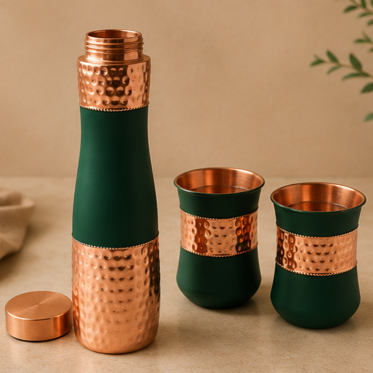 Premium Copper Bottle Gift Set | 1L Bottle with 2 Glasses | Handcrafted | Green Finish by Saptarishi