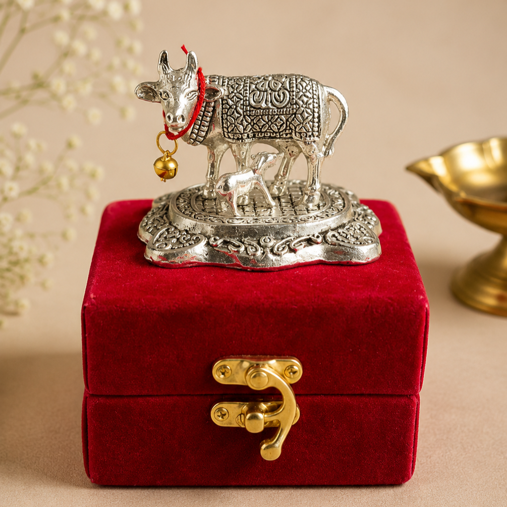 Kamdhenu Cow & Calf Idol (Velvet Box Packed) by Saptarishi