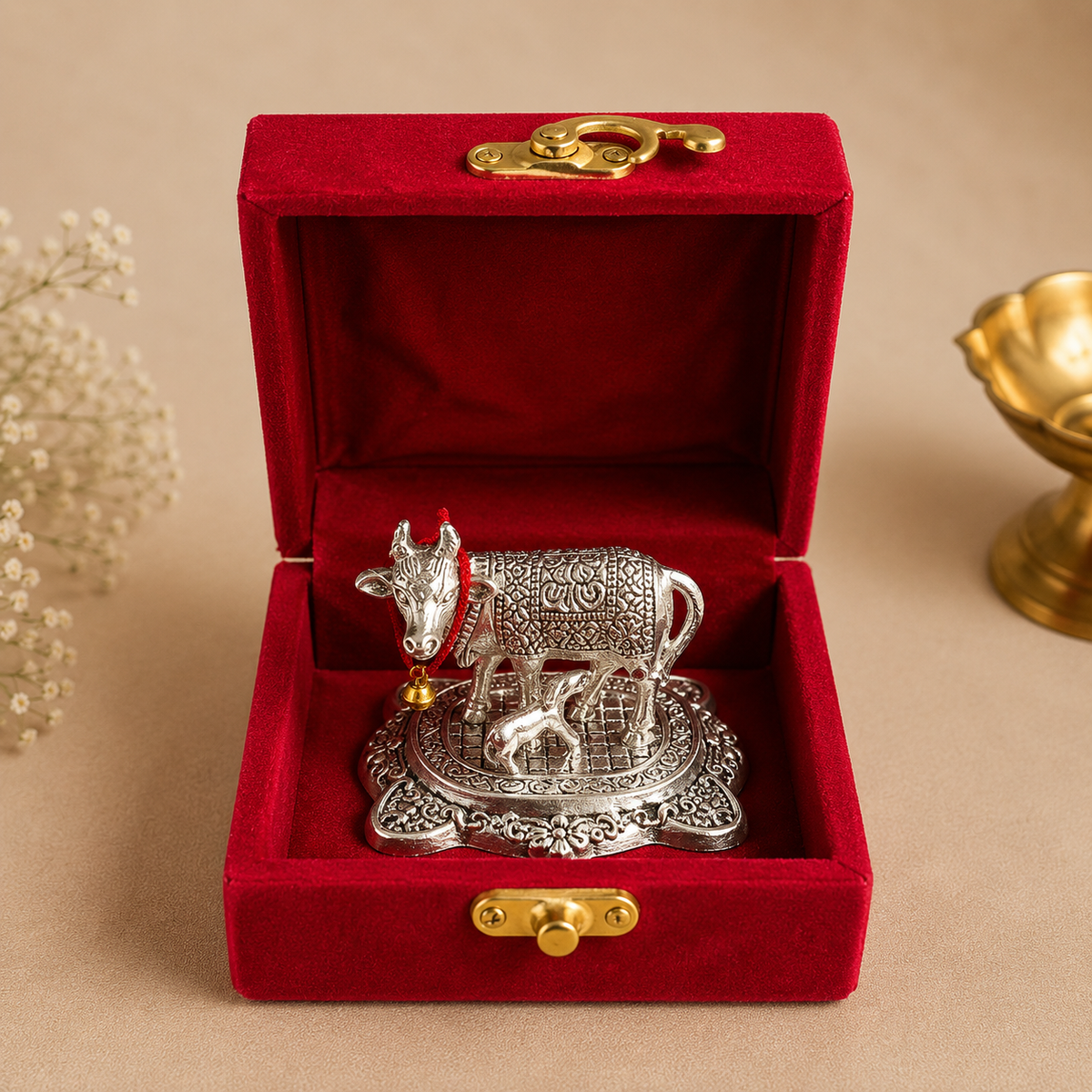 Kamdhenu Cow & Calf Idol (Velvet Box Packed) by Saptarishi