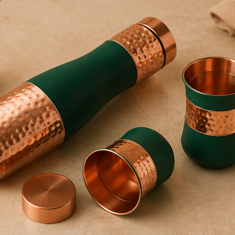 Premium Copper Bottle Gift Set | 1L Bottle with 2 Glasses | Handcrafted | Green Finish by Saptarishi