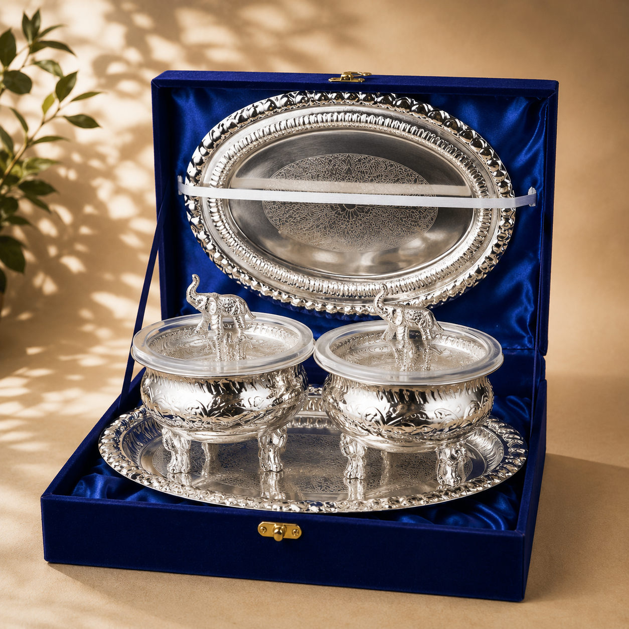 Double Elephant Urli Bowl with Lid & Oval Tray (Premium Gift Box Packed)