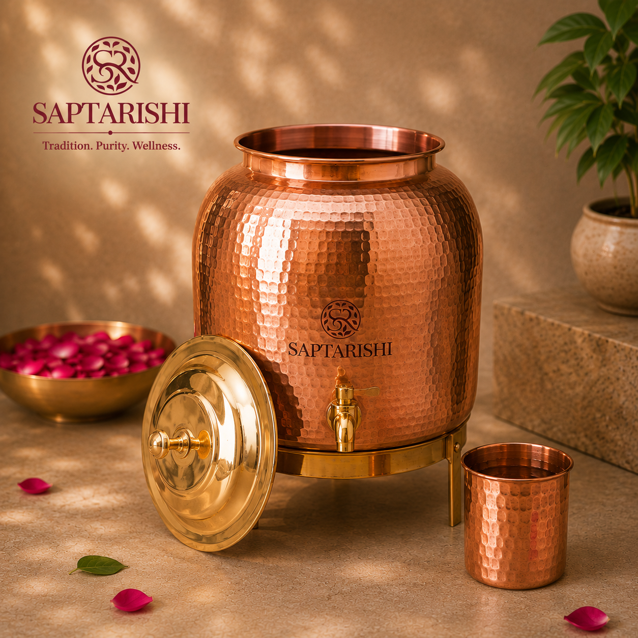 Pure Copper Water Dispenser with Brass Lid & Stand | Handcrafted | 3L, 5L & 10L | Saptarishi