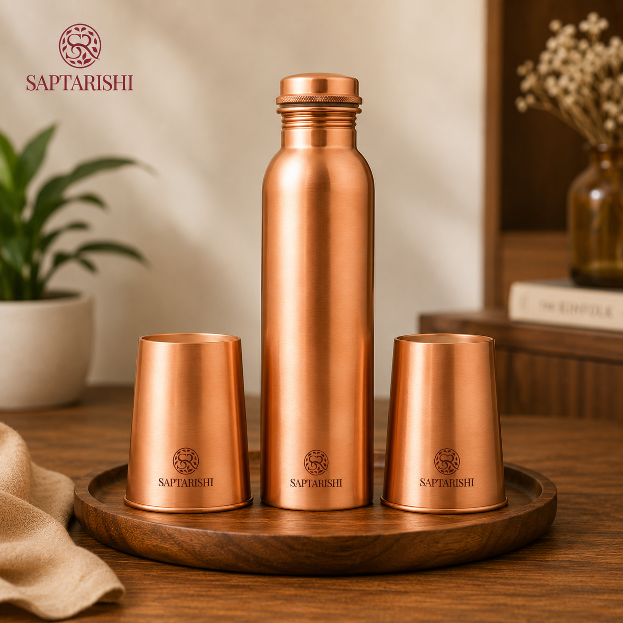 Pure Copper Water Bottle Set | 1L Bottle with 2 Tumblers | Leak Proof, Joint-Free | Matte Finish by Saptarishi