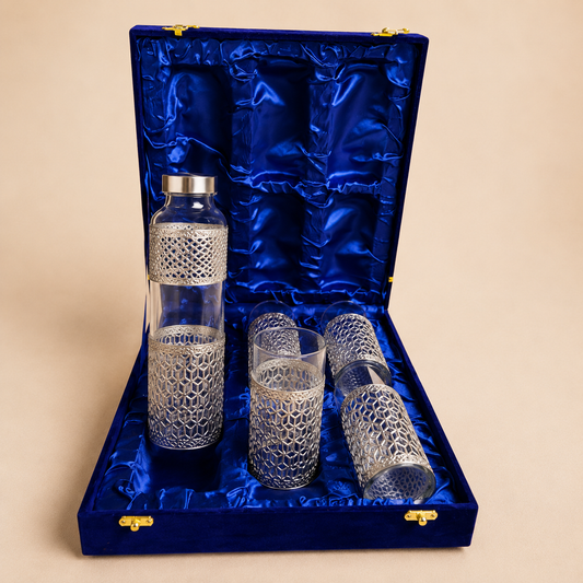 German Silver Finish Bottle & Glass Set (5 Pieces)