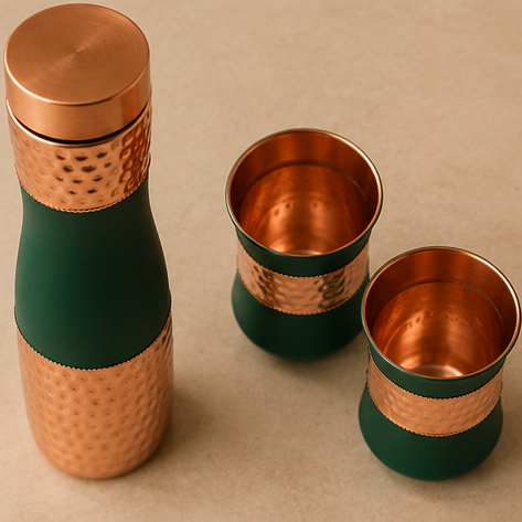Premium Copper Bottle Gift Set | 1L Bottle with 2 Glasses | Handcrafted | Green Finish by Saptarishi