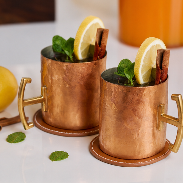 Pure Copper Moscow Mule Mug Set of 2 with Premium Gift Box | Hammered Rose Gold Finish | Brass Handles | Tin-Lined Interior by Saptarishi