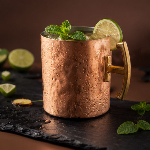 Pure Copper Moscow Mule Mug Set of 2 with Premium Gift Box | Hammered Rose Gold Finish | Brass Handles | Tin-Lined Interior by Saptarishi