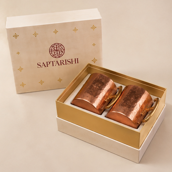Pure Copper Moscow Mule Mug Set of 2 with Premium Gift Box | Hammered Rose Gold Finish | Brass Handles | Tin-Lined Interior by Saptarishi