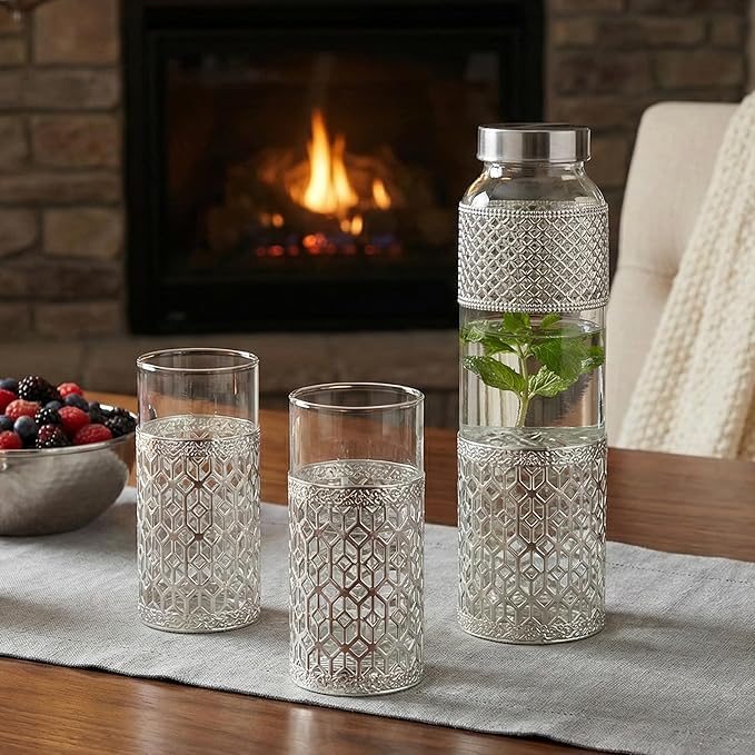 German Silver Finish Bottle & Glass Set (3 Pieces)