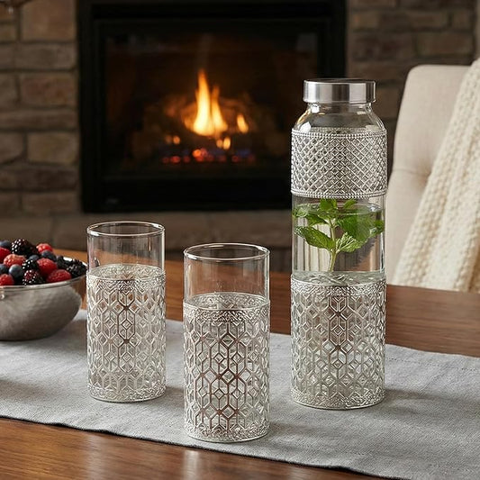 German Silver Finish Bottle & Glass Set (3 Pieces)