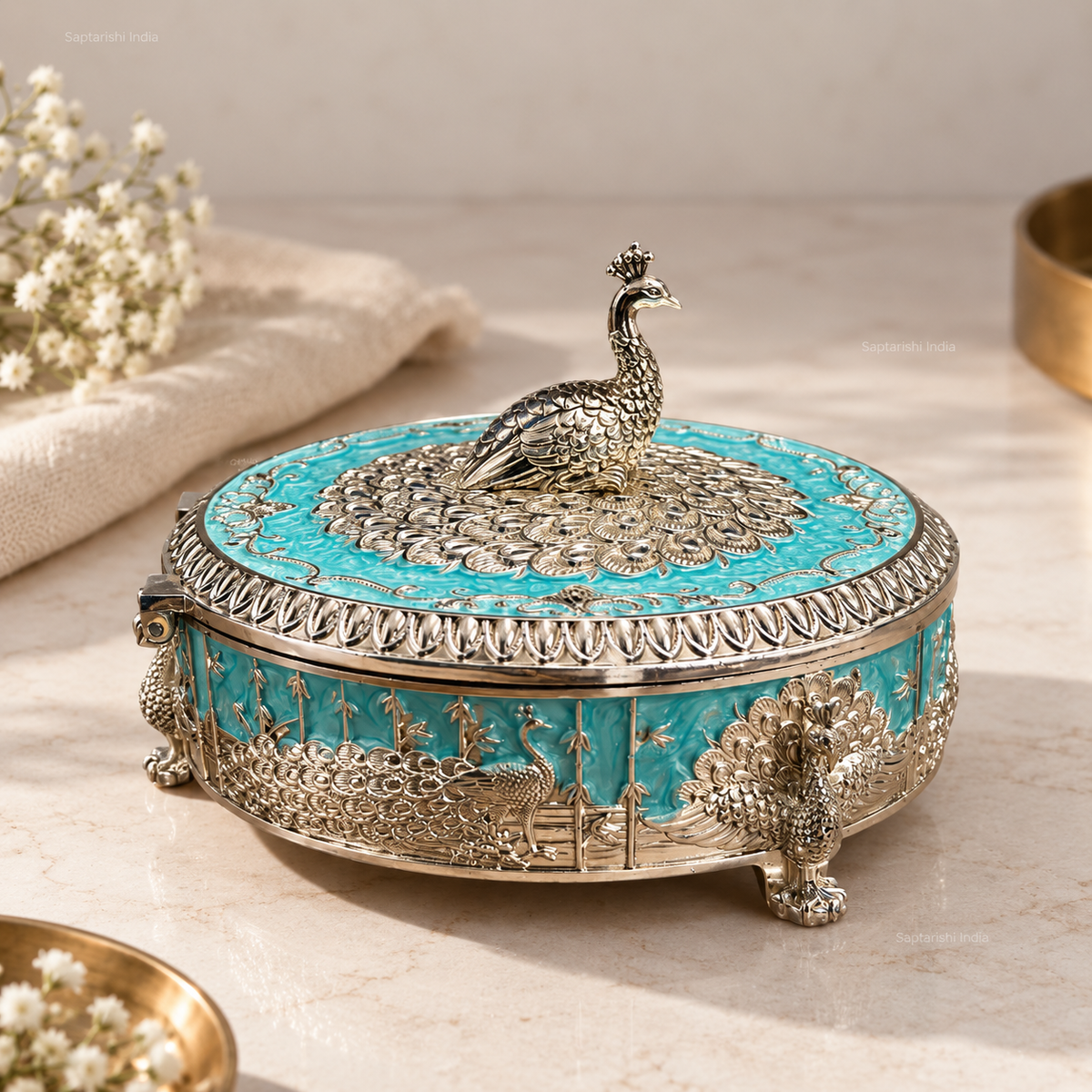 Peacock Enamel Dry Fruit Box (6 in) by Saptarishi India