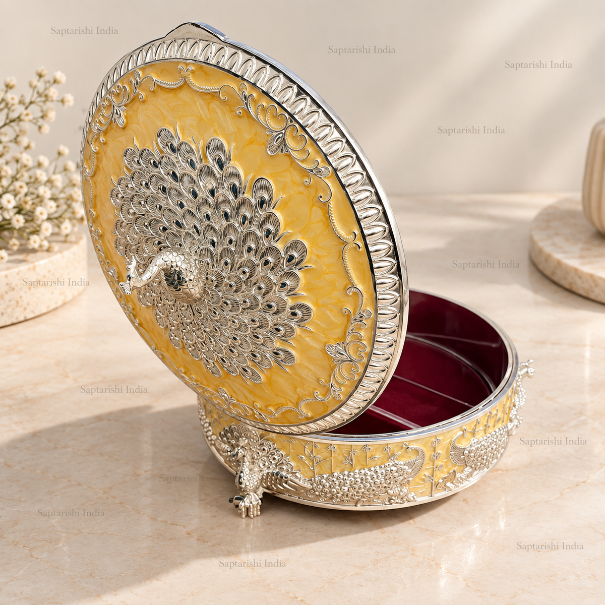 Peach Peacock Enamel Dry Fruit Box (6 in) by Saptarishi India