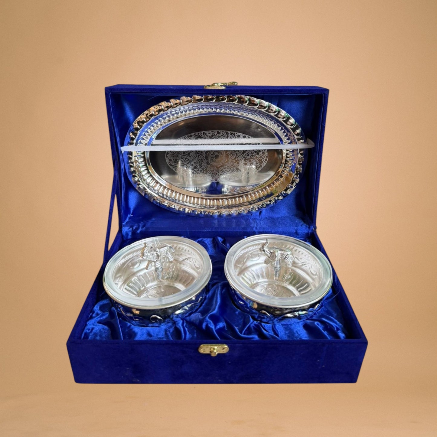 Double Elephant Urli Bowl with Lid & Oval Tray (Premium Gift Box Packed)