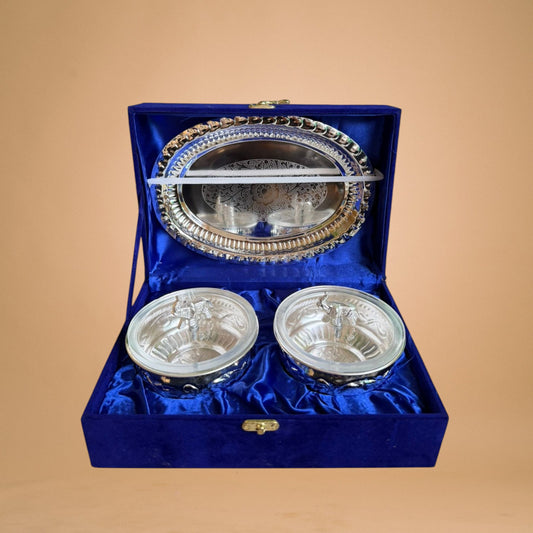 Double Elephant Urli Bowl with Lid & Oval Tray (Premium Gift Box Packed)