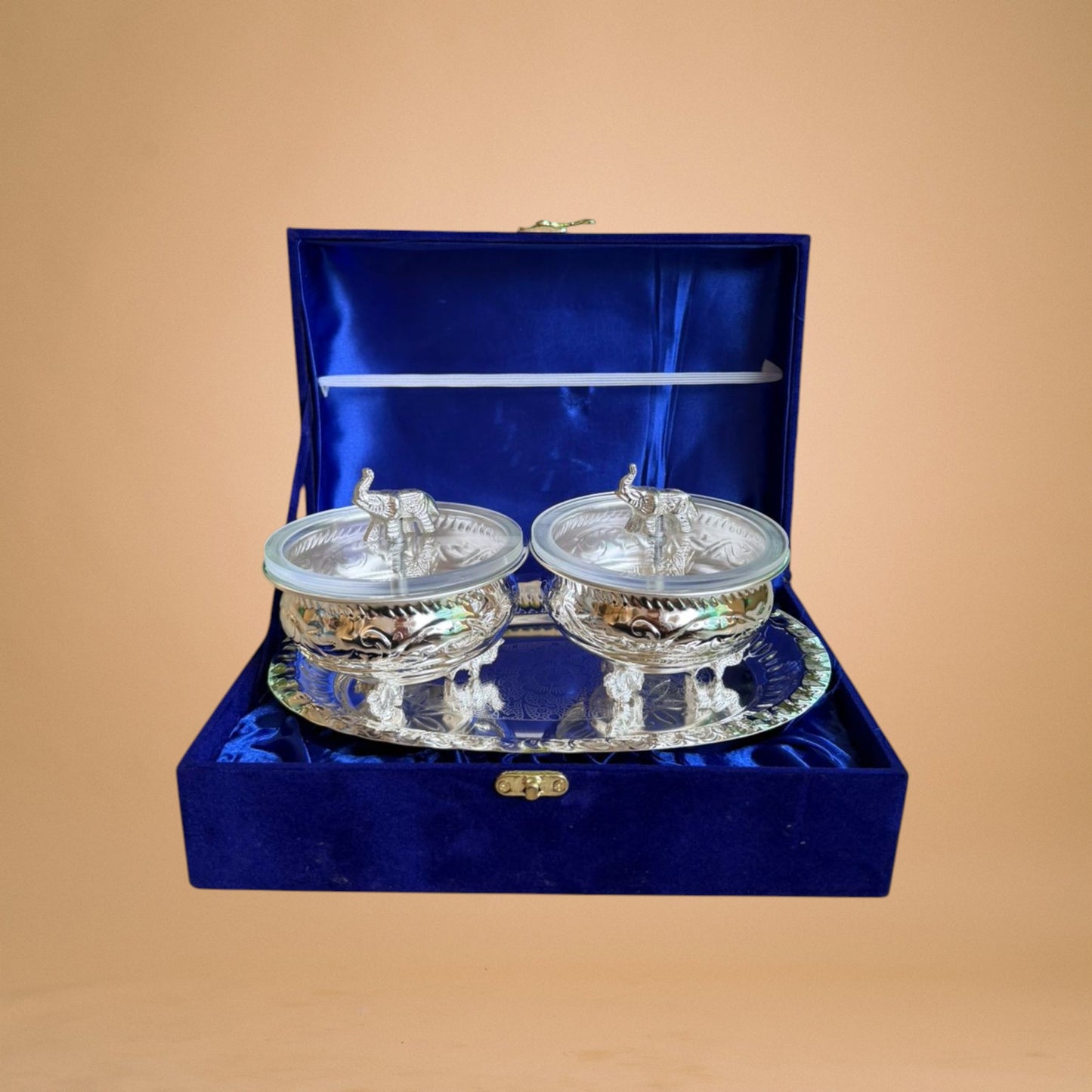 Double Elephant Urli Bowl with Lid & Oval Tray (Premium Gift Box Packed)