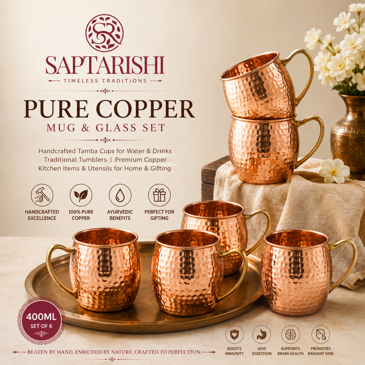 Pure Copper Mug Set of 6 (400ml) | Handcrafted Tamba Cups by Saptarishi