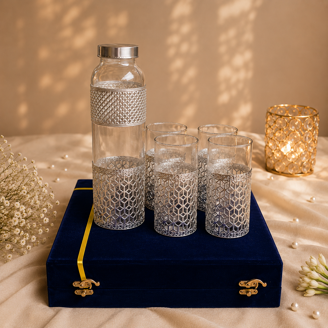 German Silver Finish Bottle & Glass Set (5 Pieces)