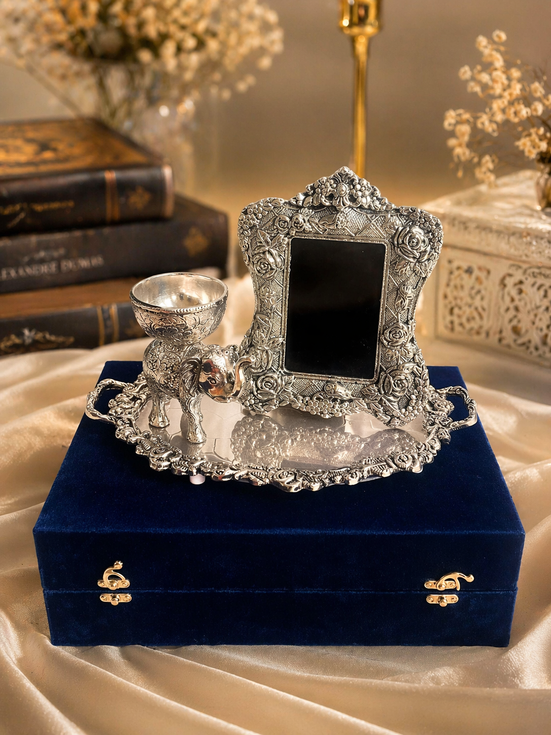 Beautiful Elephant Bowl, Oval Tray & Rose Frame Set (Velvet Box Packed)
