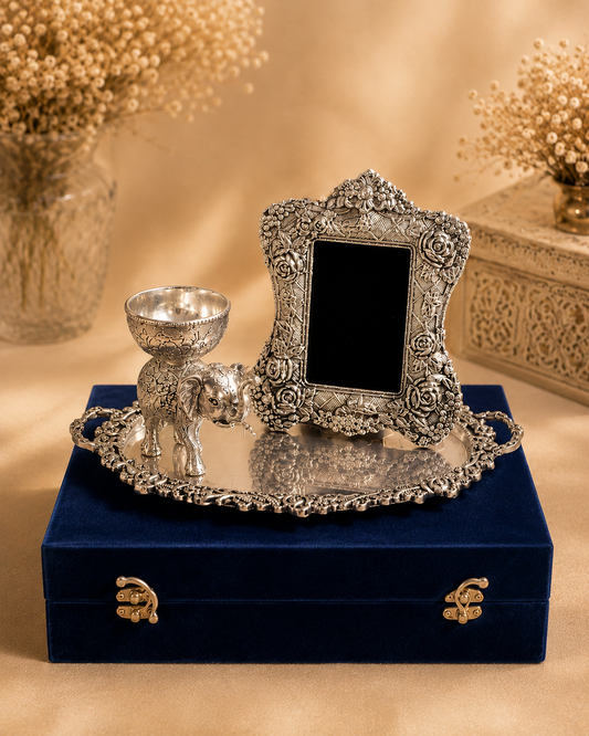 Beautiful Elephant Bowl, Oval Tray & Rose Frame Set (Velvet Box Packed)