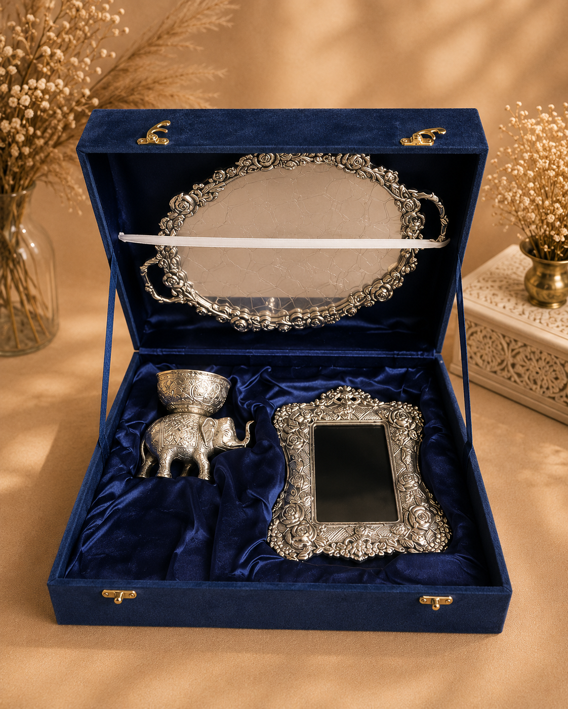 Beautiful Elephant Bowl, Oval Tray & Rose Frame Set (Velvet Box Packed)