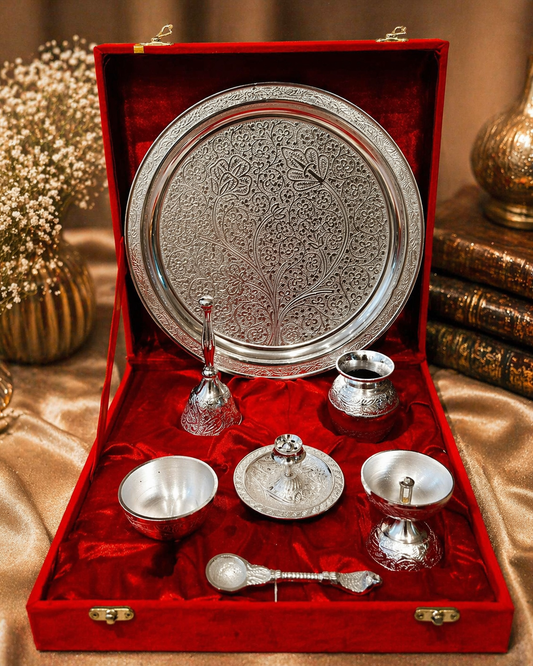 Silvery Shiny Pooja Thali Set with Toppers (Velvet Gift Box Packed)